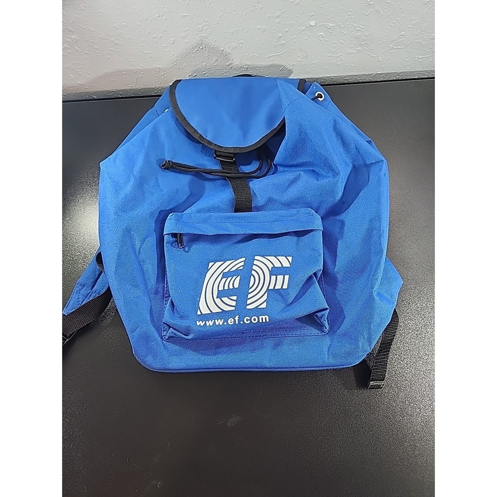 Education First Backpack Vintage Navy Blue Vinyl Drawstring Top Advertising - Picture 2 of 7